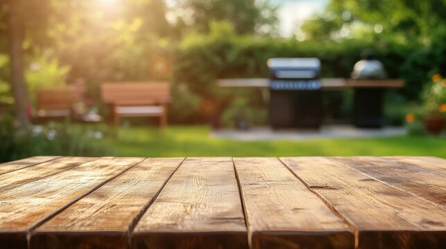 Empty wooden table in the foreground with a blurred BBQ setup in the background. Perfect outdoor scene for showcasing backyard gatherings and grilling activities.
