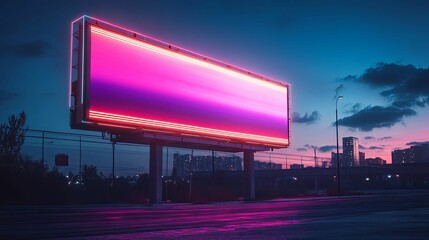 Neon-Lit Billboard in an Urban Cityscape at Dusk