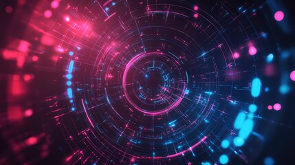 Interconnected polygons and circles arranged in a radial pattern, with glowing lines connecting them in a futuristic abstract design