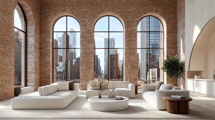 Modern living room with large windows and urban view, designed for comfort and style.
