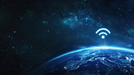 Obraz premium Concept of fast internet connection with earth and wireless sign on starry sky background, space technology global network 