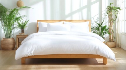 Bright Modern Bedroom with Cozy Bed and Green Plants