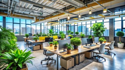 Naklejka premium Modern Office Space with Desks, Laptops, Plants, and Natural Light in a Contemporary Workspace Design