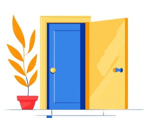 Colorful open door with a potted plant, vibrant illustration on a white background.