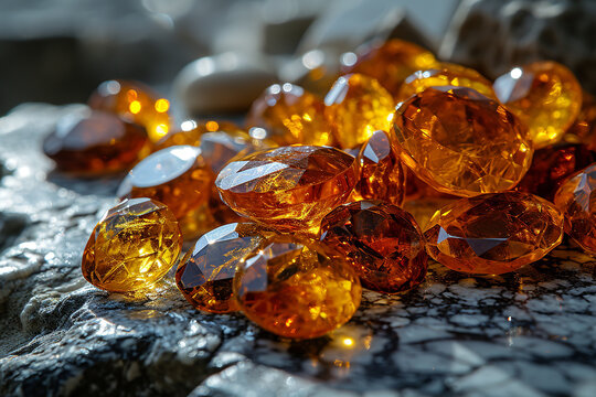 Precious blue and orange topaz crystals on natural background