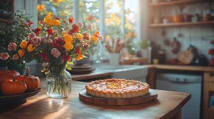 Naklejka premium a cozy kitchen scene, pumpkin pie cooling on the counter, fresh flowers in a vase,