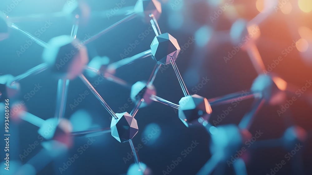 Poster abstract 3d render of a network of interconnected geometric shapes with blue and red lights