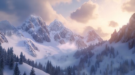 Majestic snowy mountains rising against a clear blue sky, their peaks adorned with a thick layer of pristine snow that sparkles under the sunlight. 