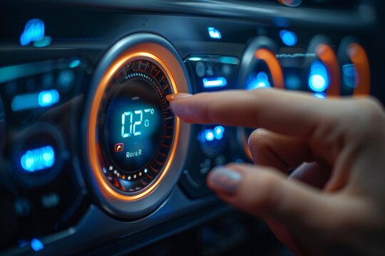 A hand reaches toward the temperature control of a car dashboard, adjusting it to a comfortable setting. The dashboard glows with bright blue and orange lights, enhancing the night driving experience