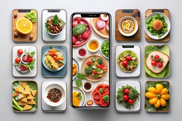 Modern Vector Food App Concept with Colorful Icons and User Interface Elements for Mobile Devices