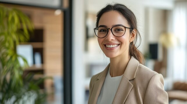 Welcoming woman real estate agent inviting a prospective buyer to tour a beautifully staged modern home, showcasing her friendly and approachable persona