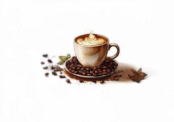 Obraz premium A cup of coffee with latte art rests on a saucer surrounded by coffee beans.