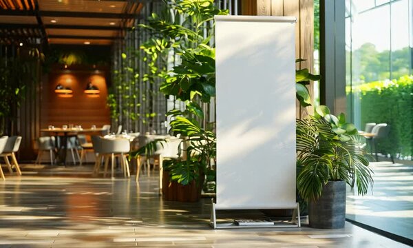 Blank Roll Up Banner In Modern Restaurant Interior