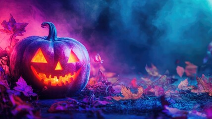 Carved pumpkin with glowing face, surrounded by fall leaves and mist