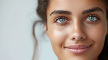 Fototapeta premium Close-Up Portrait of a Smiling Woman with Blue Eyes on a Light Background