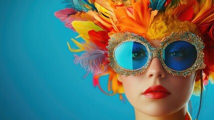Woman wearing vibrant, feathered headdress and large, blue sunglasses against background