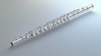 Fototapeta premium A polished silver flute resting on a smooth surface, showcasing its intricate key design and elegant craftsmanship.