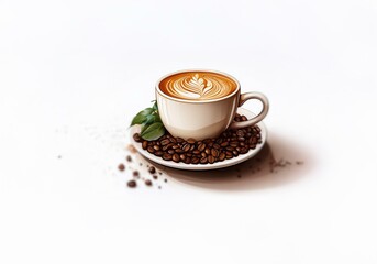 A cup of latte art coffee with a saucer filled with coffee beans and a sprig of green leaves.