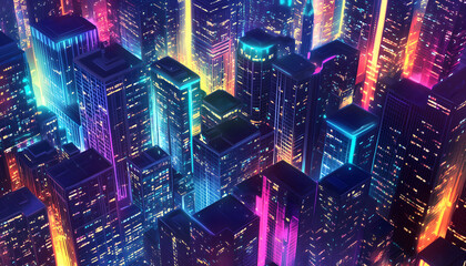 An aerial illustration of a cityscape glowing with colorful lights