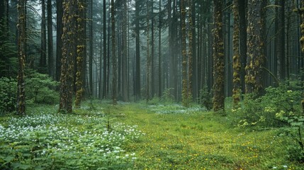 Fototapeta premium A peaceful forest clearing filled with wildflowers and tall trees, featuring a soft, inviting blanket of moss.