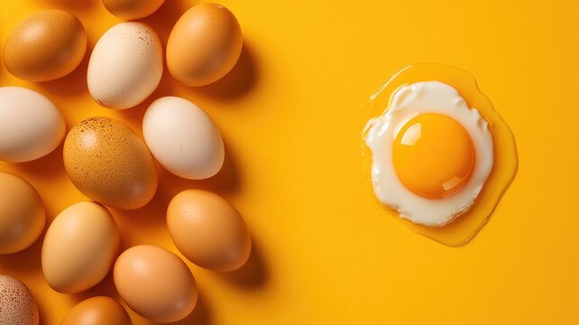 Various eggs and cracked one on yellow background