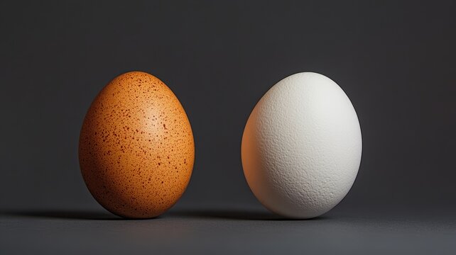 Brown and white eggs side by on gray background