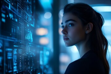Obraz premium A thoughtful woman gazes intently at glowing data displays. She embodies the future of technology and analysis. This image captures innovation and digital exploration. Generative AI