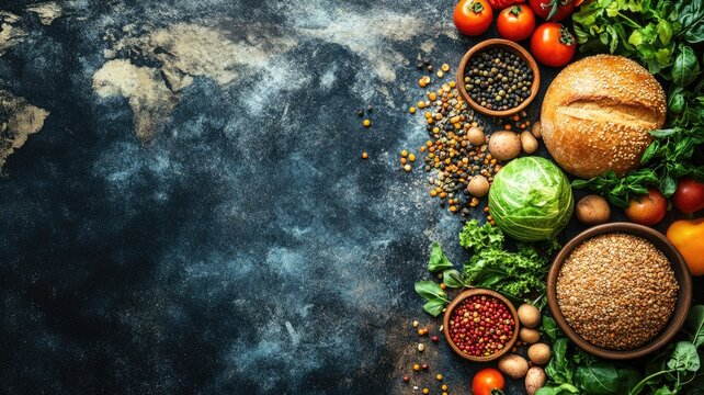 Fresh vegetables, grains, and herbs arranged on textured surface - Powered by Adobe