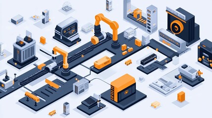 Obraz premium Isometric Illustration of a Complex Automated Manufacturing Process with Robots and Conveyors