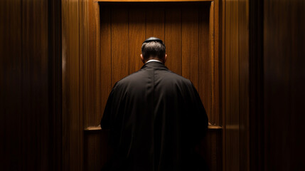 Naklejka premium A priest wearing a black robe stands inside a wooden confessional booth, symbolizing the act of penance and spiritual guidance. 