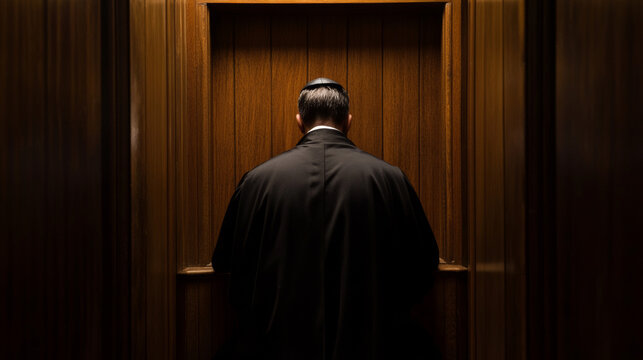 A priest wearing a black robe stands inside a wooden confessional booth, symbolizing the act of penance and spiritual guidance.
