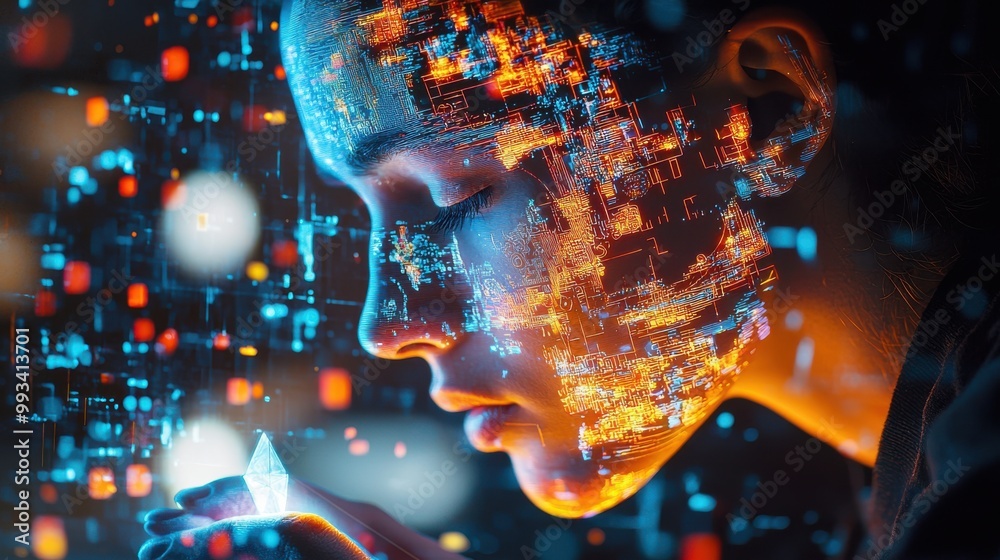 Poster futuristic portrait of a person with digital data patterns on face, symbolizing the integration of t