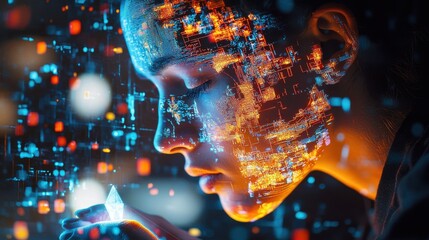 Futuristic portrait of a person with digital data patterns on face, symbolizing the integration of technology and human identity.
