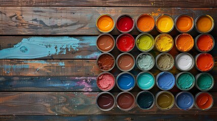 Colorful Paint Cans Arranged on a Wooden Surface
