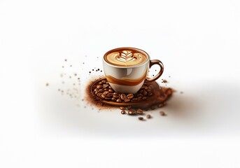 Obraz premium A cup of coffee with latte art sits on a saucer with coffee beans and grounds around it.