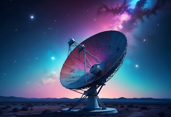 A large satellite dish in space, with the Earth and stars visible in the background