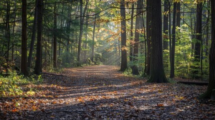 Fototapeta premium In a tranquil forest, a path meanders through tall trees, with sunlight filtering through leaves and fallen foliage covering the ground.