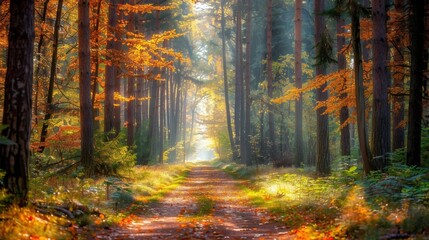 Obraz premium A peaceful forest path with towering trees and a rich carpet of fallen leaves, enhanced by gentle sunlight filtering through the leaves.