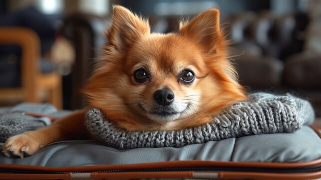 Cute Pomeranian Dog on Knitted Blanket
