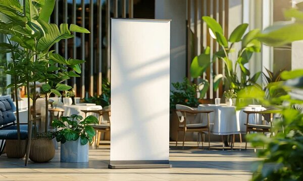Blank Roll Up Banner in Restaurant with Green Plants