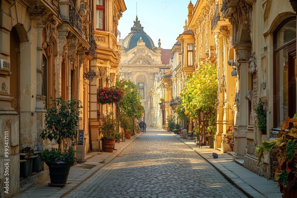 Wall mural the beautiful strada postei street in the lipscani district, in a moment of tranquility without peop