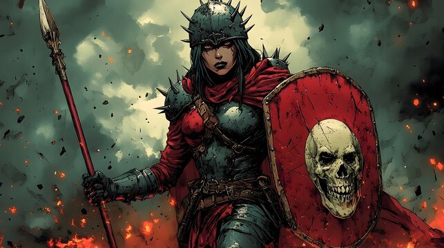 Fearless Female Warlord in Spiked Armor Wielding Skull-Emblazoned Shield and Spear in Battle