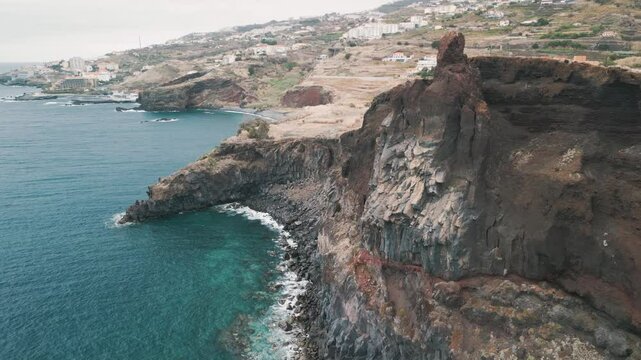 Madeira coastline with Miradouro Pico da Atalaia near Canico, Portugal. Aerial drone video.