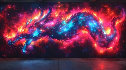 Electrifying Neon Graffiti Mural with Holographic Textures and Abstract Shapes