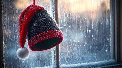 A festive Santa hat hangs from a window, glistening with dew, capturing the cozy spirit of winter and holiday cheer.