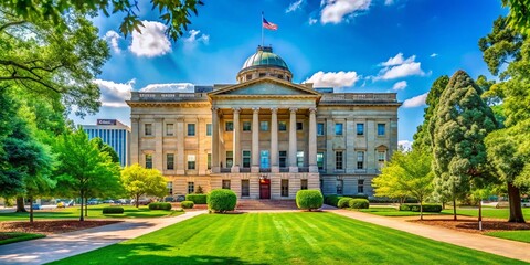 Fototapeta premium North Carolina State House Building in Raleigh with Clear Blue Sky and Lush Green Surroundings