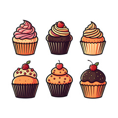 set of cupcake in various style, outline icon colorful