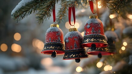 Festive red and gold bells hang on a snow-dusted evergreen, illuminated by twinkling lights, capturing the essence of holiday cheer.