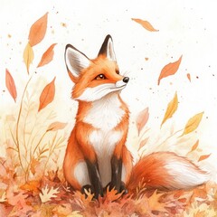 Obraz premium Fox sitting among autumn leaves, warm colors