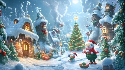A whimsical Christmas cartoon scene featuring imaginative holiday characters and vibrant decorations, set against a festive backdrop with artistic flair and originality, capturing the essence 